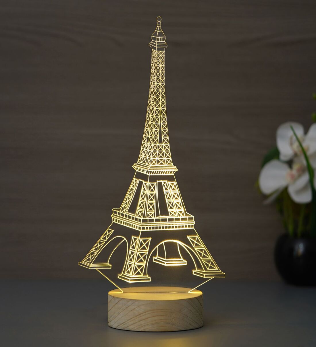 Eiffel Tower Design Acrylic & Wood Base LED Table Lamp (With Rechargeble Battery), By eCraftIndia