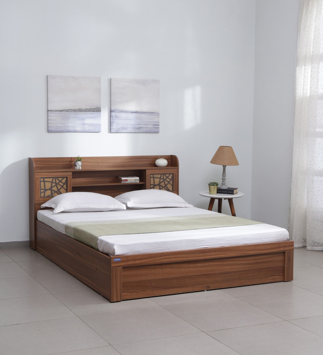 Kosmo Rayan Queen Size Bed in Natural Teak Finish with Box Storage, By Spacewood