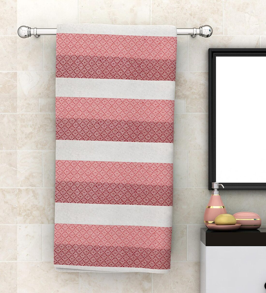 Pink Patterned 210 GSM Cotton Bath Towel,Share By Athom Living