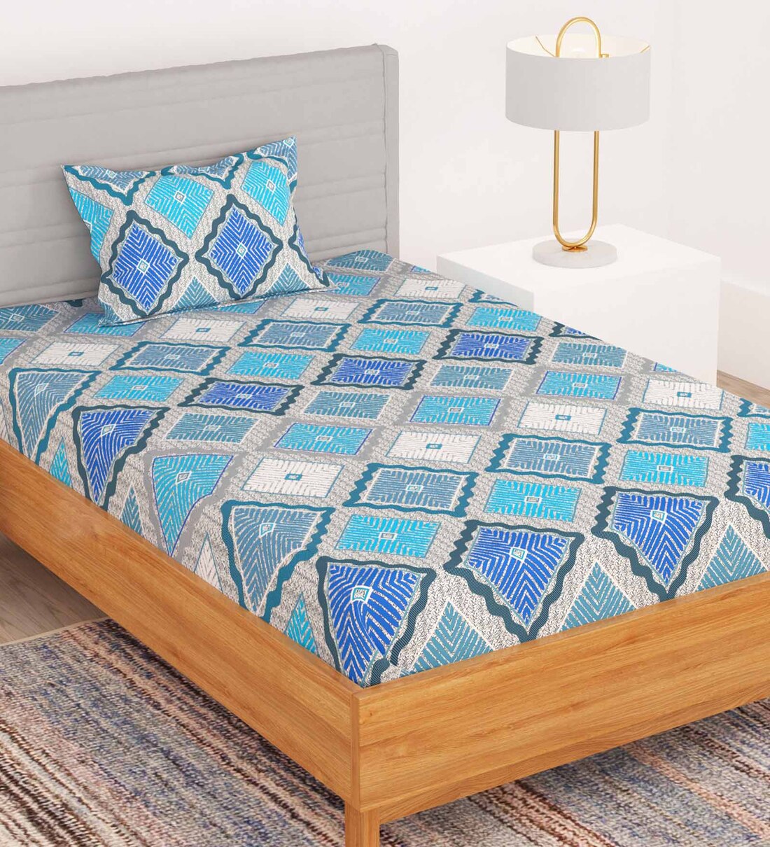Blue Geometric 180 TC Microfiber 1 Single Bedsheet with 1 Pillow Cover,Share By Bedspun