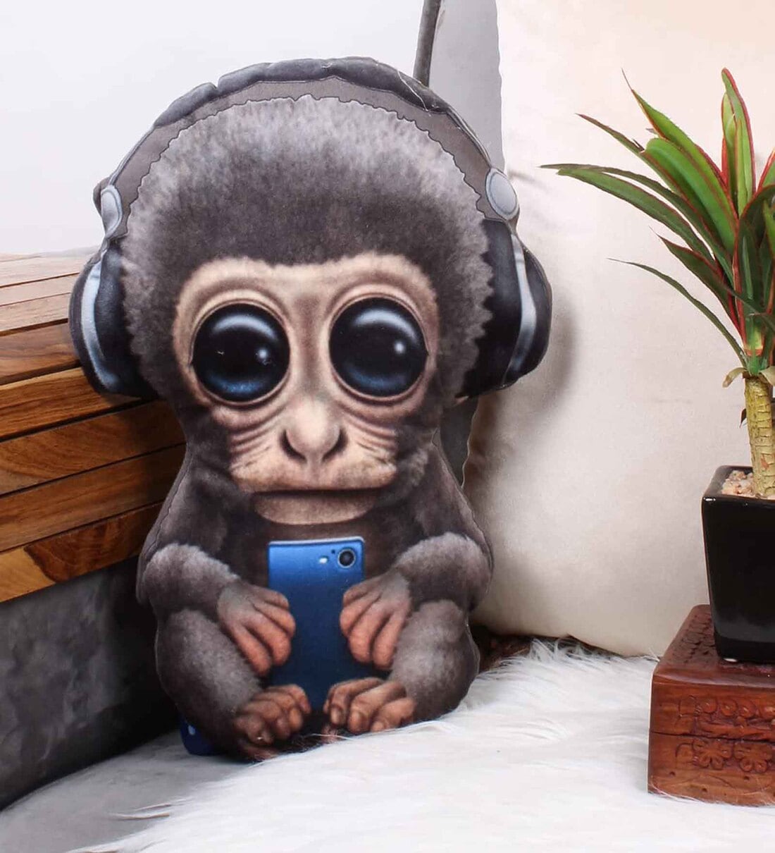 Brown Velvet Monkey 16x10.5 inches Shaped Cushion,Share By Stitchnest