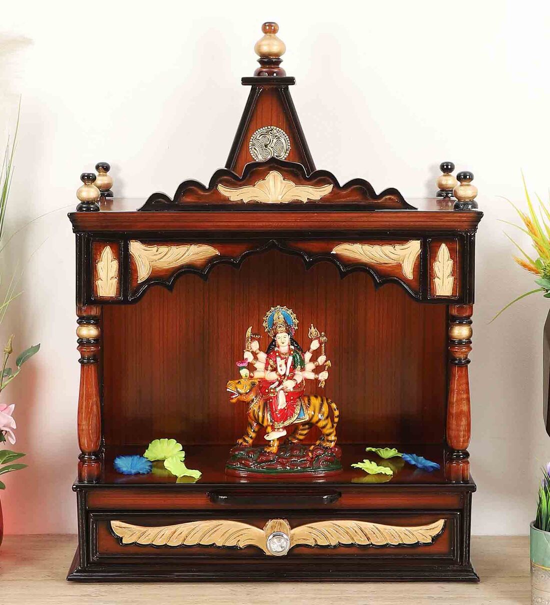 Brown Teak Wood Floor Rested Mandir Without Door,Share By DZYN Furnitures