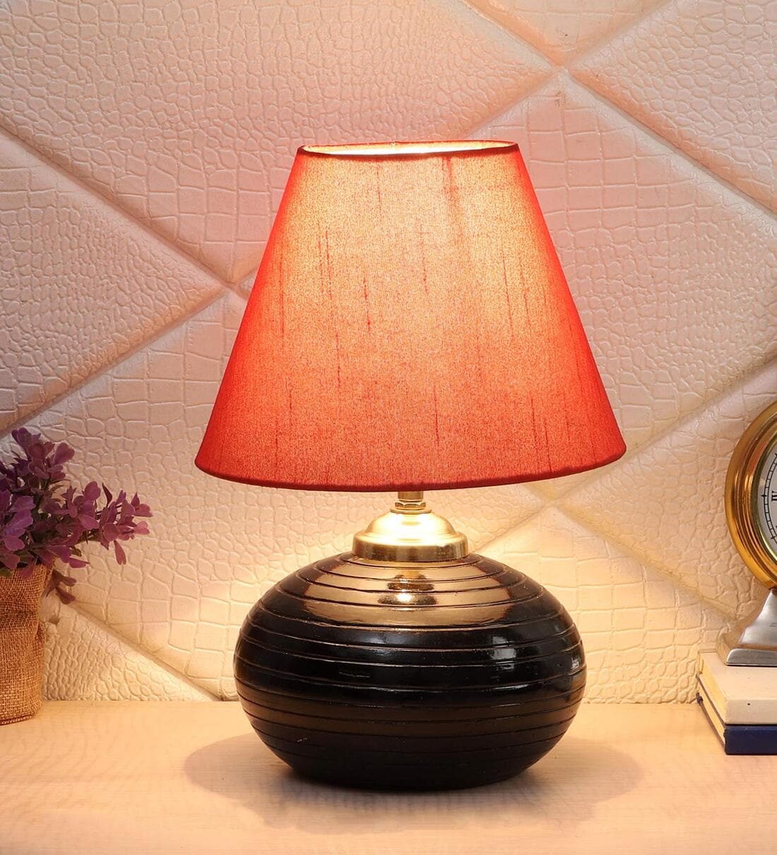 Demarius Red Fabric Shade Night Lamp With Teracotta BaseShare By Foziq