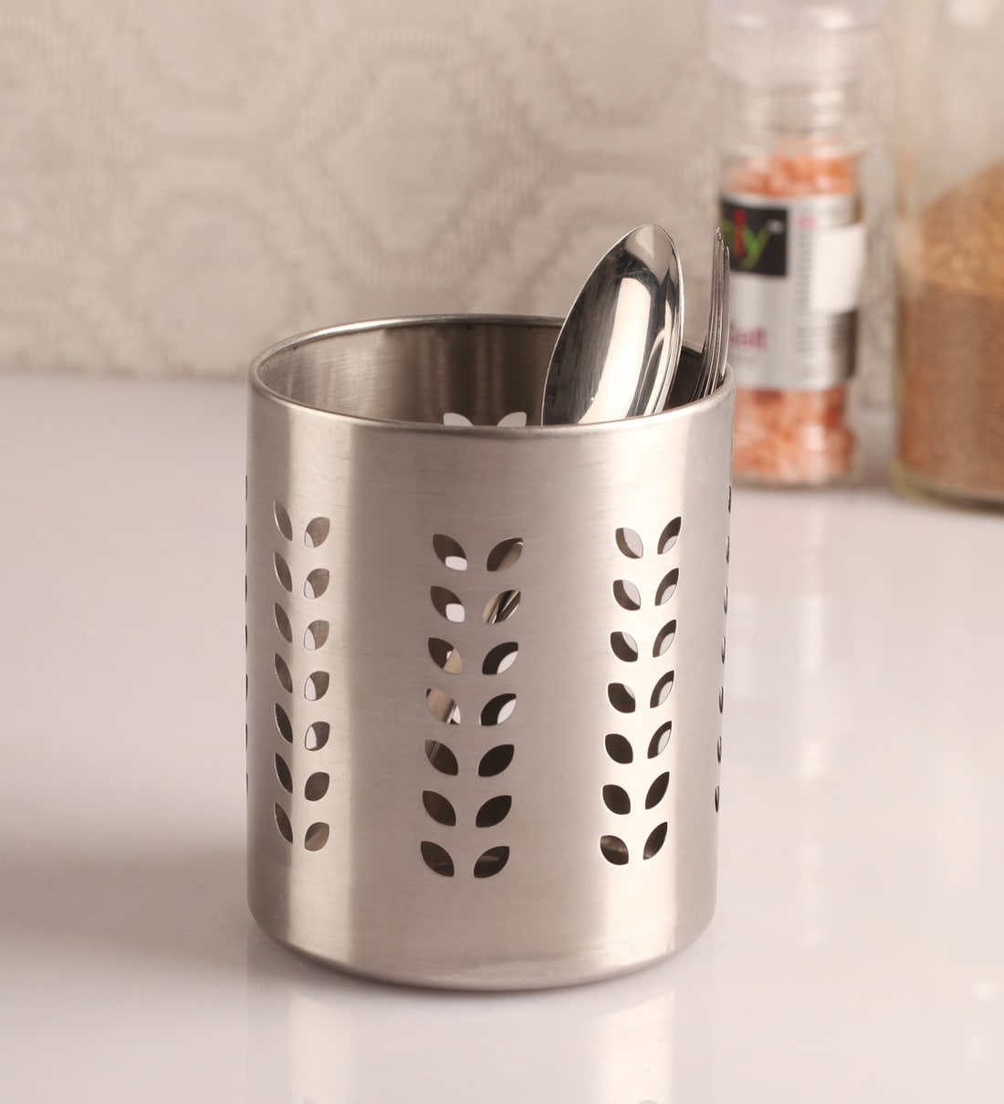Silver Leaf Hole Stainless Steel  Cutlery HolderShare By Dynore