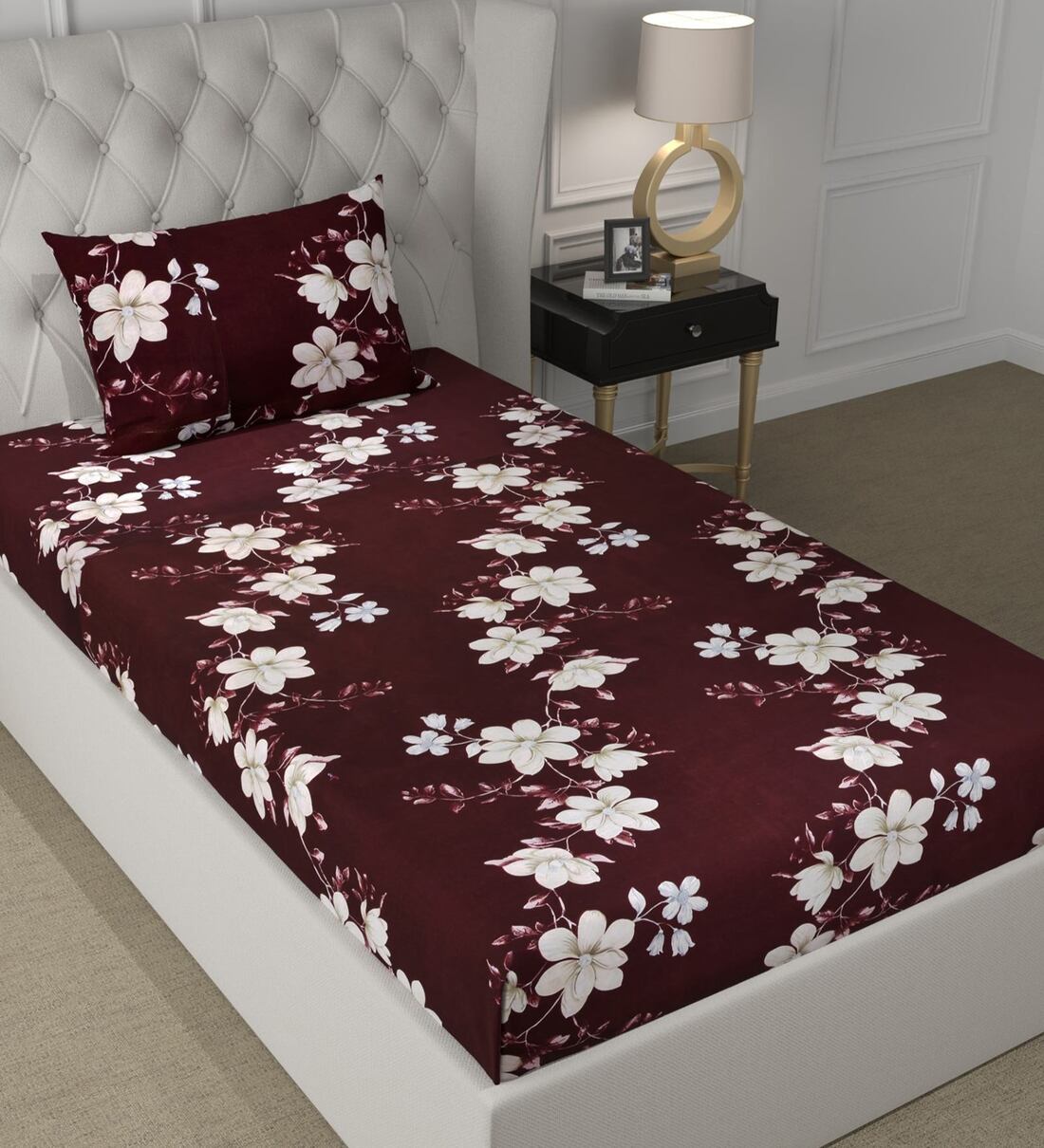 Brown Floral 180 TC Microfiber Single Bedsheet With 1 Pillow CoverShare By CG HOMES