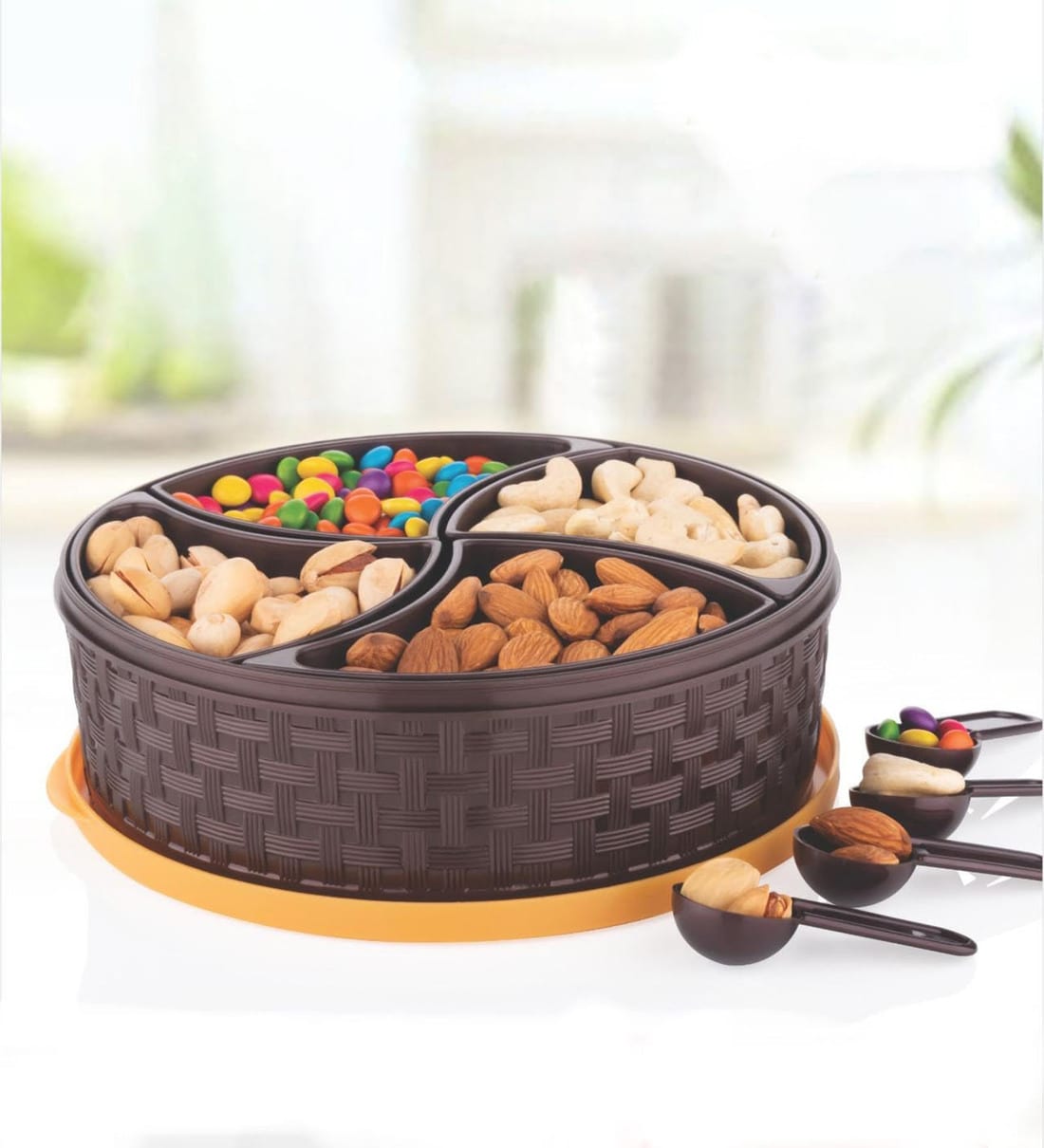 Brown Plastic Round Shaped 4 Section Spice Box With Small SpoonsShare By Utility jet