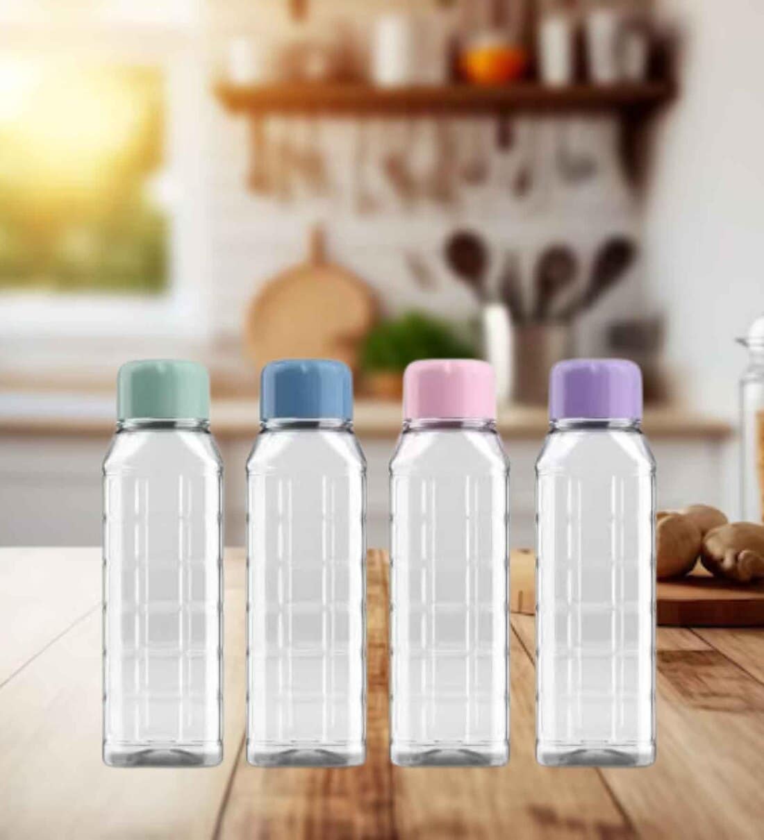 (Set of 4) 500ml Chess BPA Free Clear Plastic Water Bottle with Multicolour Caps (White)Share By Regalo