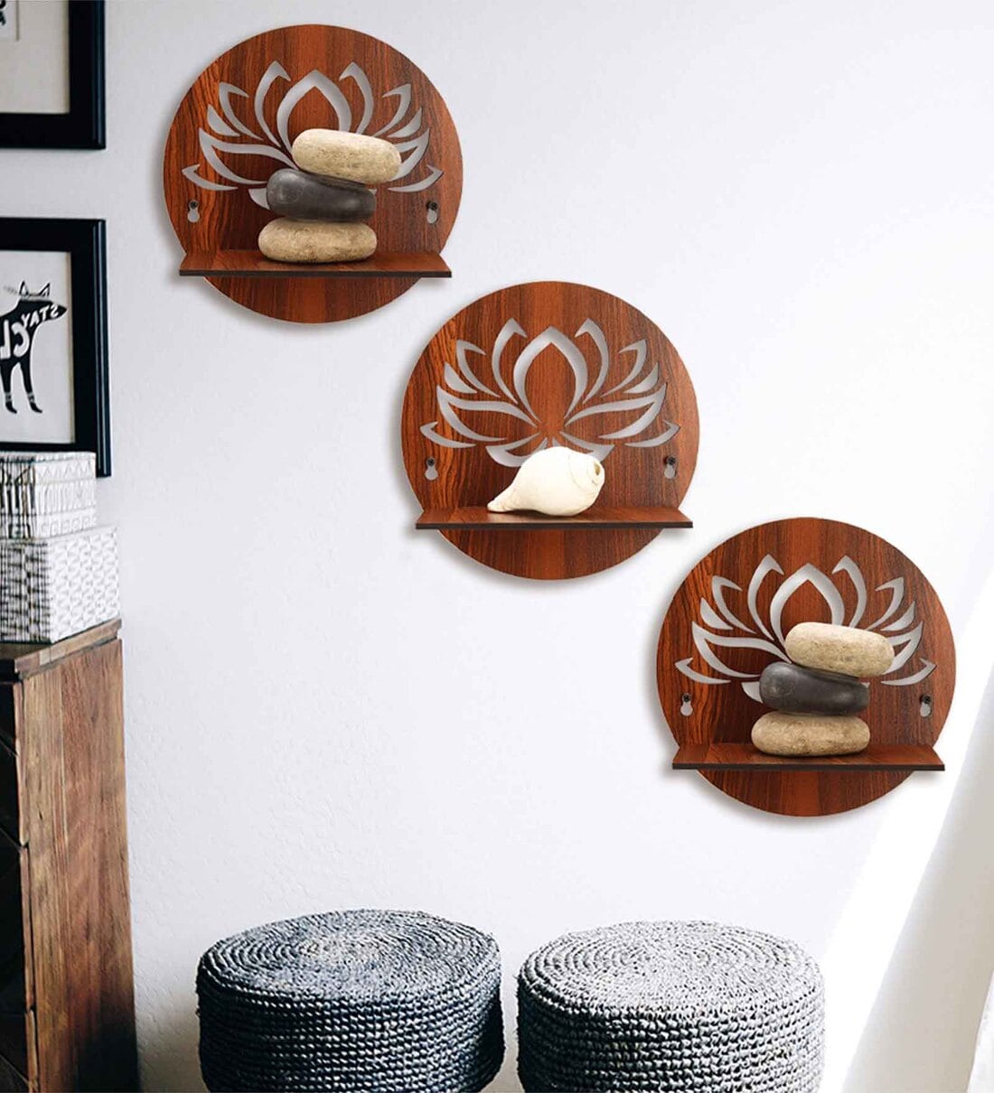 (Set Of 3) Lotus Wooden Wall Shelfs In Brown ColorShare By Sehaz Artworks