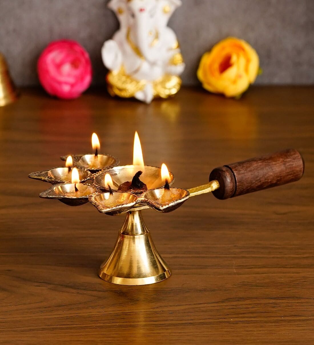 Brown Brass Panchdeep Diya With Wooden HolderShare By eCraftIndia