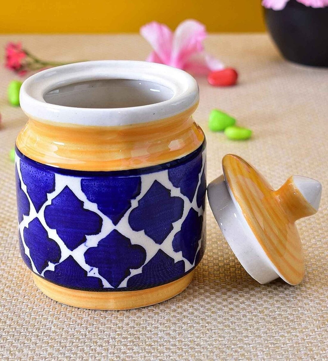 Ceramic 225ml Storage Barni Jar with Lid (Yellow & Blue)Share By VoiDrop