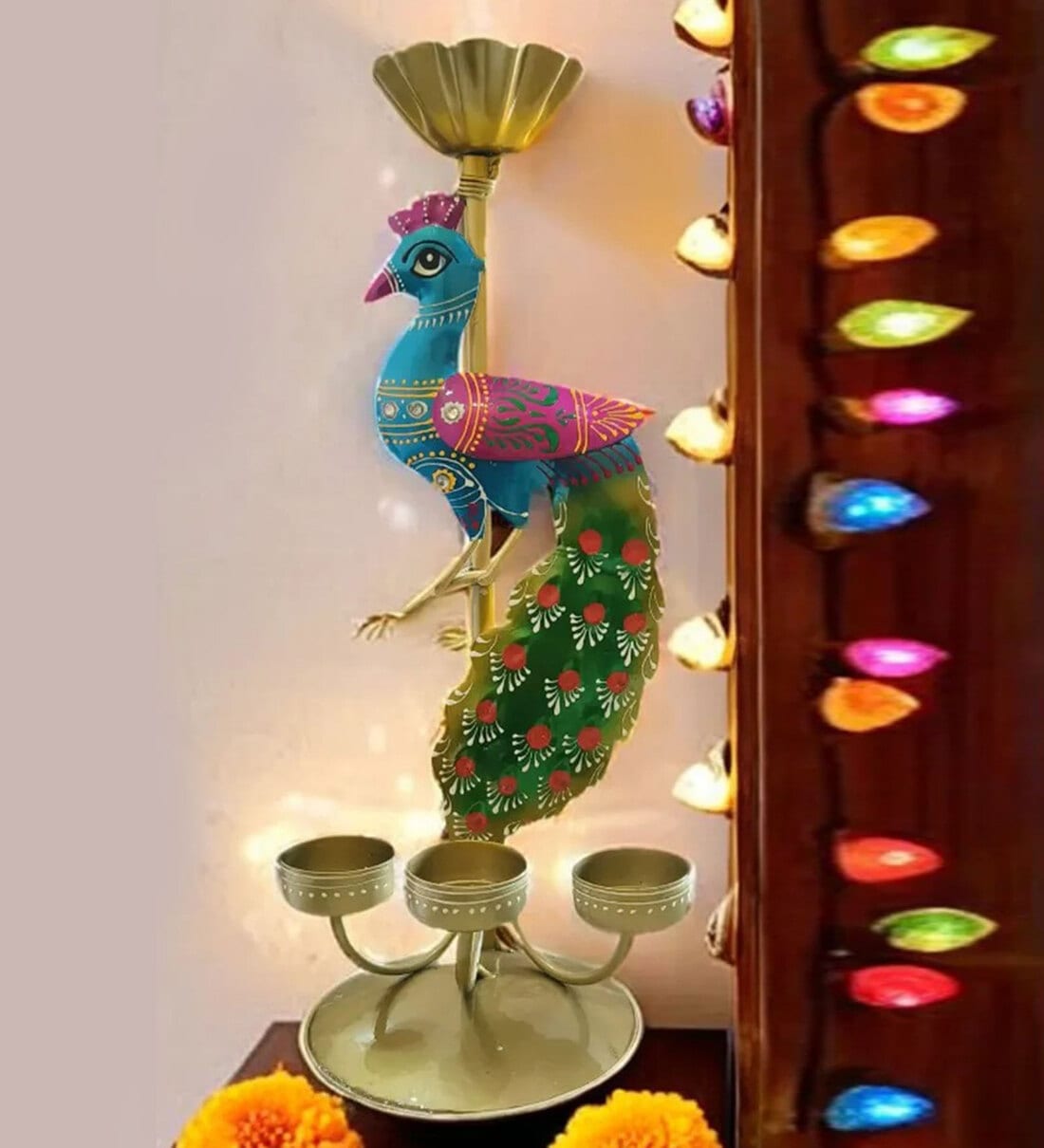Metal Handpainted Decorative Peacock Tea Light ShowpieceShare By Craft Tree