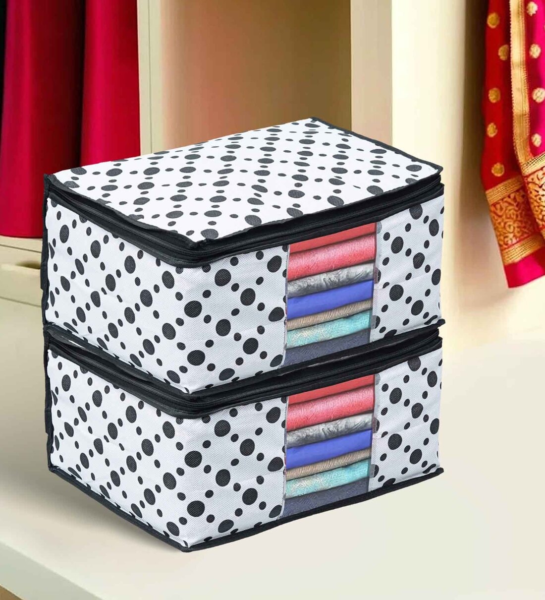 White and Black (2Pcs) Polka Dot Printed Cloth OrganisersShare By Fashion Bizz