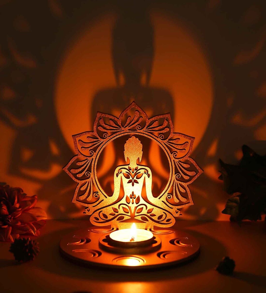 Wood Lord Buddha Lotus Shadow Tea Light Candle HolderShare By eCraftIndia