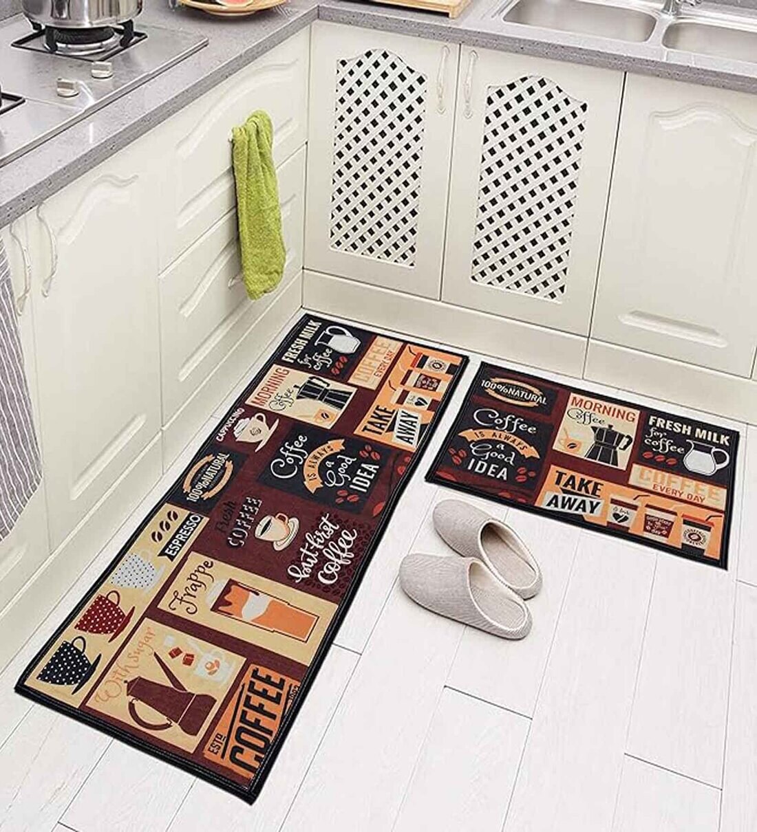 Red Kitchen Theme Polyester Antiskid Machine Made Floor Runner and Door Mat ComboShare By Aazeem