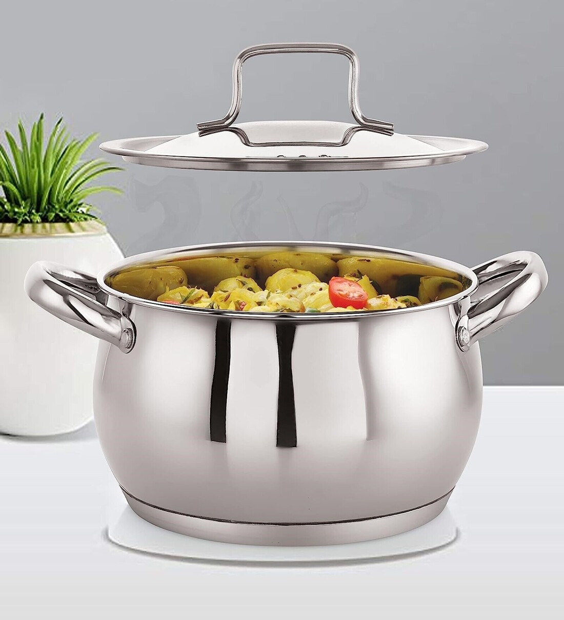 Deluxe Series Stainless Steel Dia-6.29 cm Impact Bonded Tri Ply Bottom Induction Handi  with Steel LidShare By Nirlon