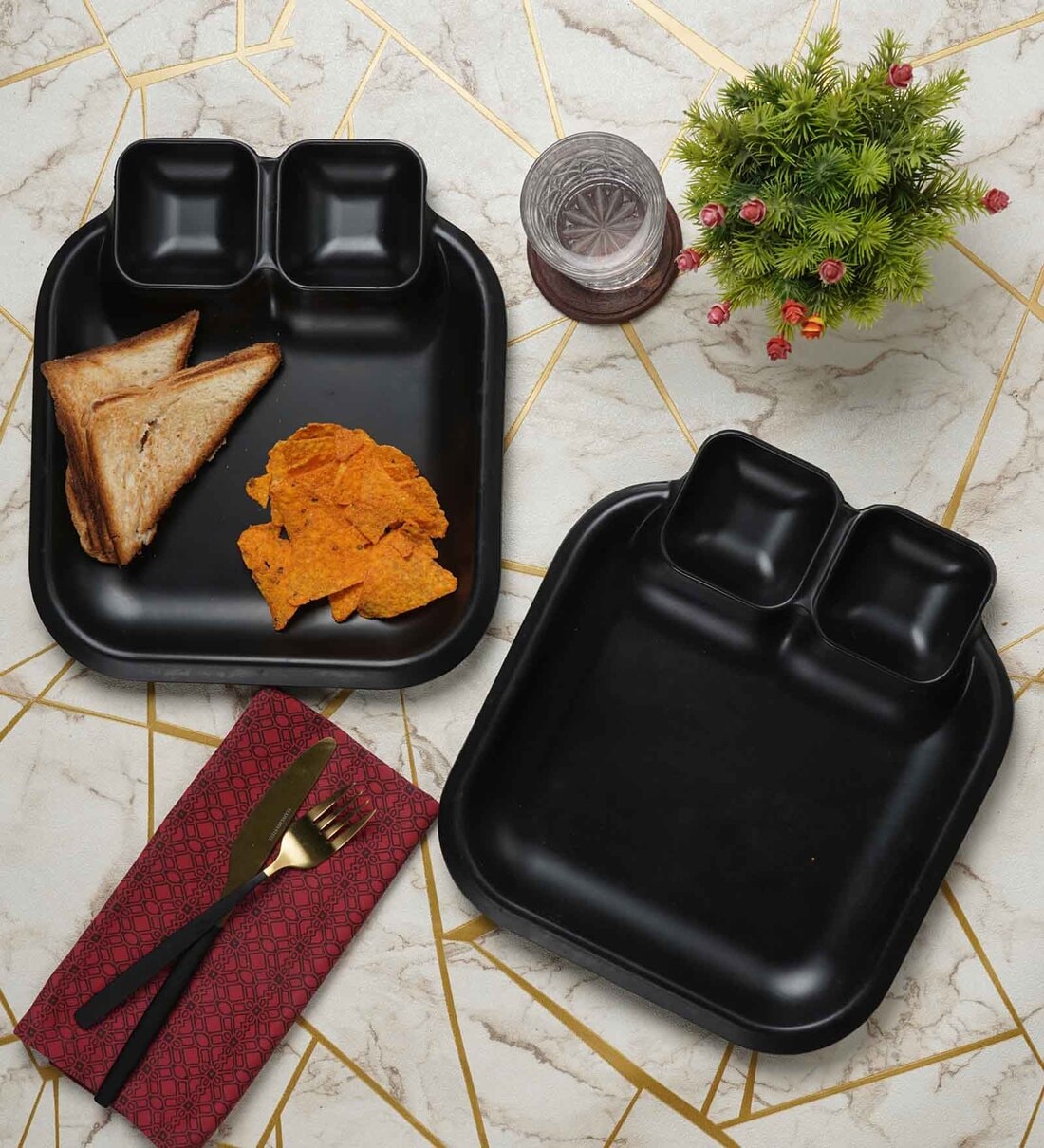 (Set Of 2) Black  Melamine 3 Portion Appetizer PlatterShare By Cdi