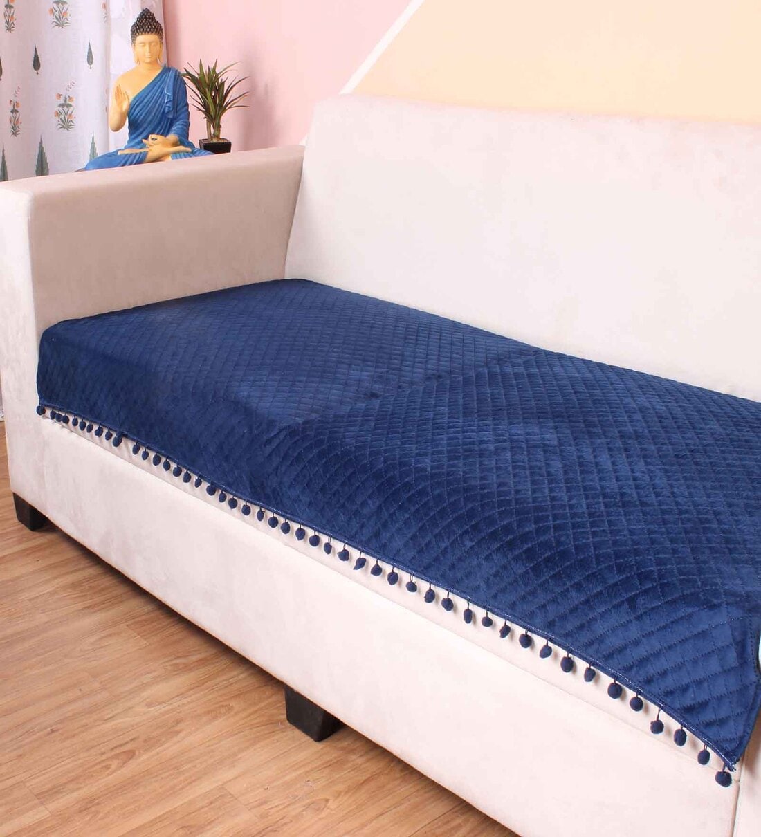 Blue Solid Velvet 3 Seater Quilted Sofa Cover (Protector) with PompomShare By Stitchnest