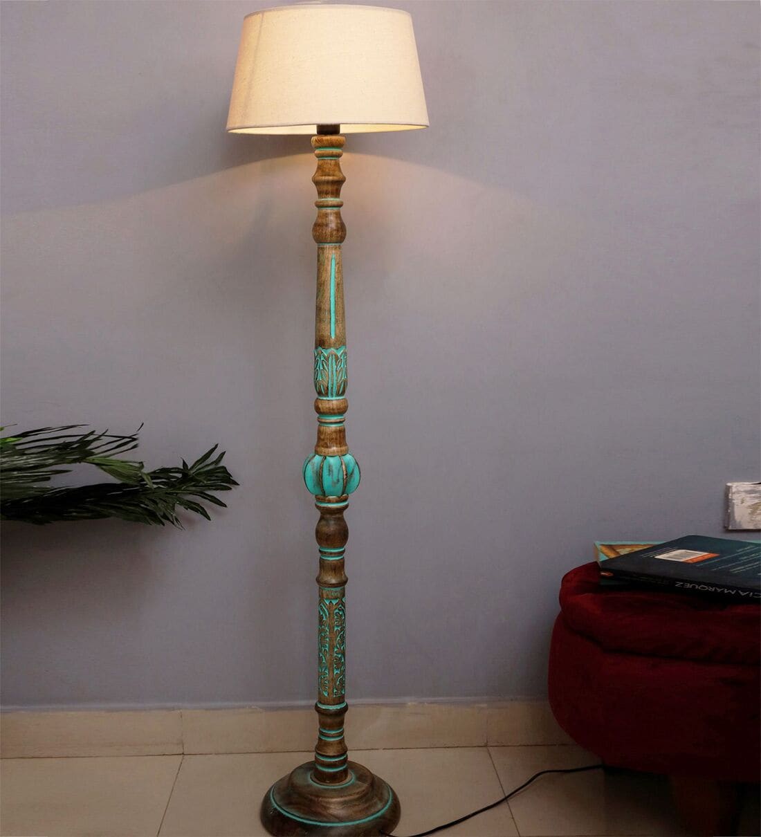 Royal Carving Antique Algae Finish Wooden Floor Lamp with Jute ShadeShare By Homesake
