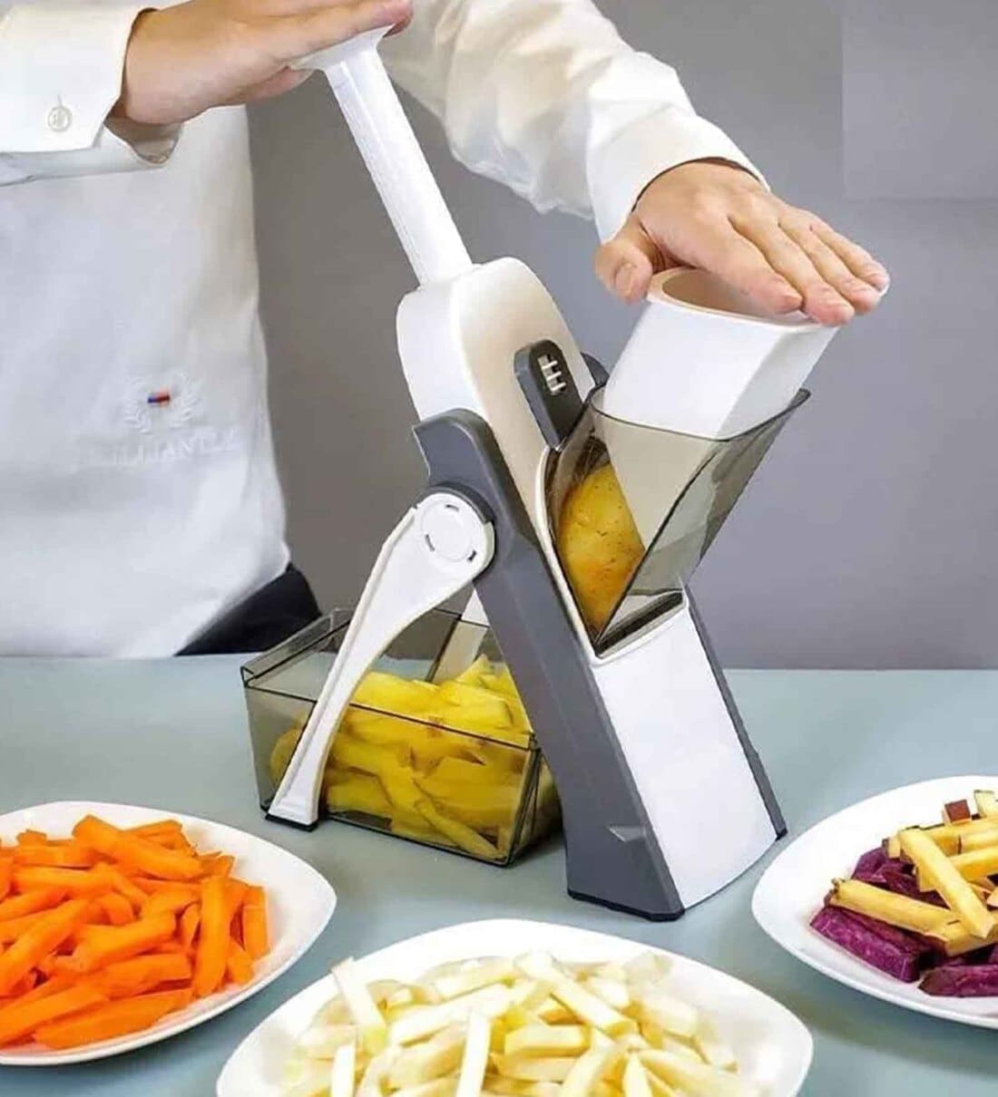 Multipurpose Mandoline Stainless Steel BladeVegetable Chopper with Spring Slicer Safety Holder (White)Share By Wens