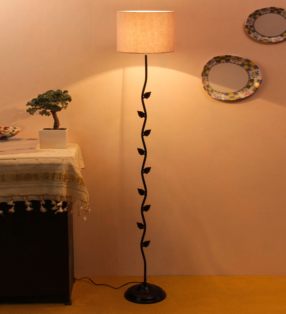 Devansh Drum Designer  Grey  Cotton Shade Leaf Floor Lamp With  Black  BaseShare By New Era