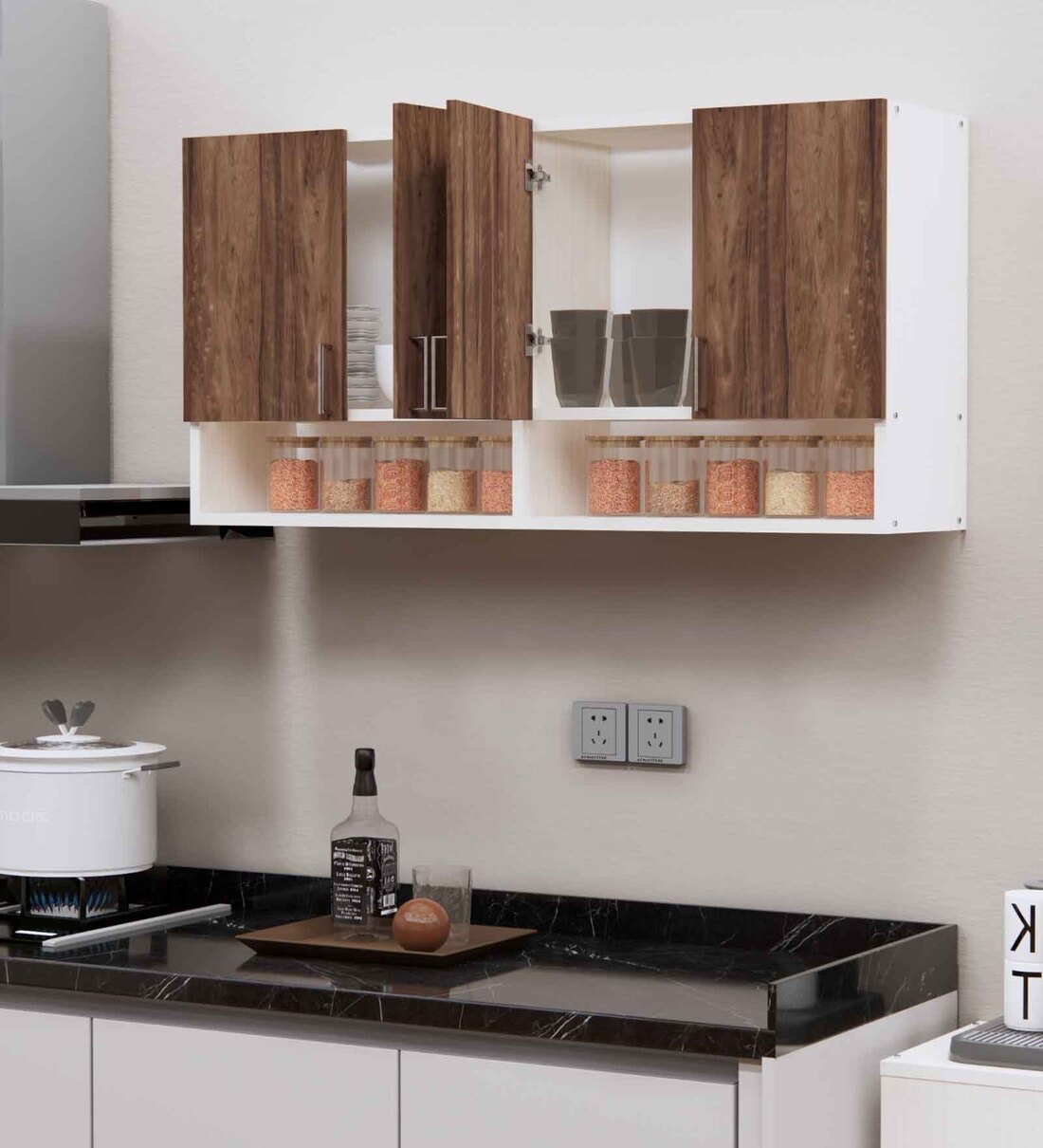 4 Doors Modular Wall Mounted Kitchen Cabinet with Organizer Shelf in Cochwood Brown FinishShare By SpecialityPanels