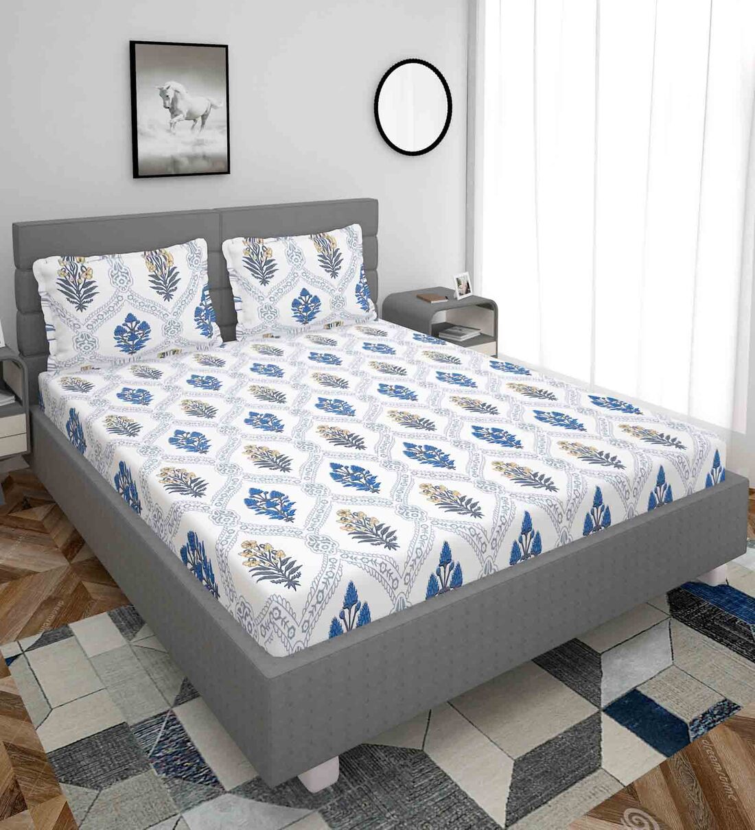 White Floral 300 TC Cotton Blend Fitted Queen Bedsheet with 2 Pillow CoversShare By YaAkholic