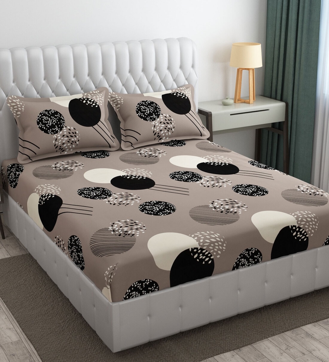 Grey Abstract 220 TC Microfiber King Size Fitted Bedsheet With 2 Pillow CoversShare By Fine Tex World