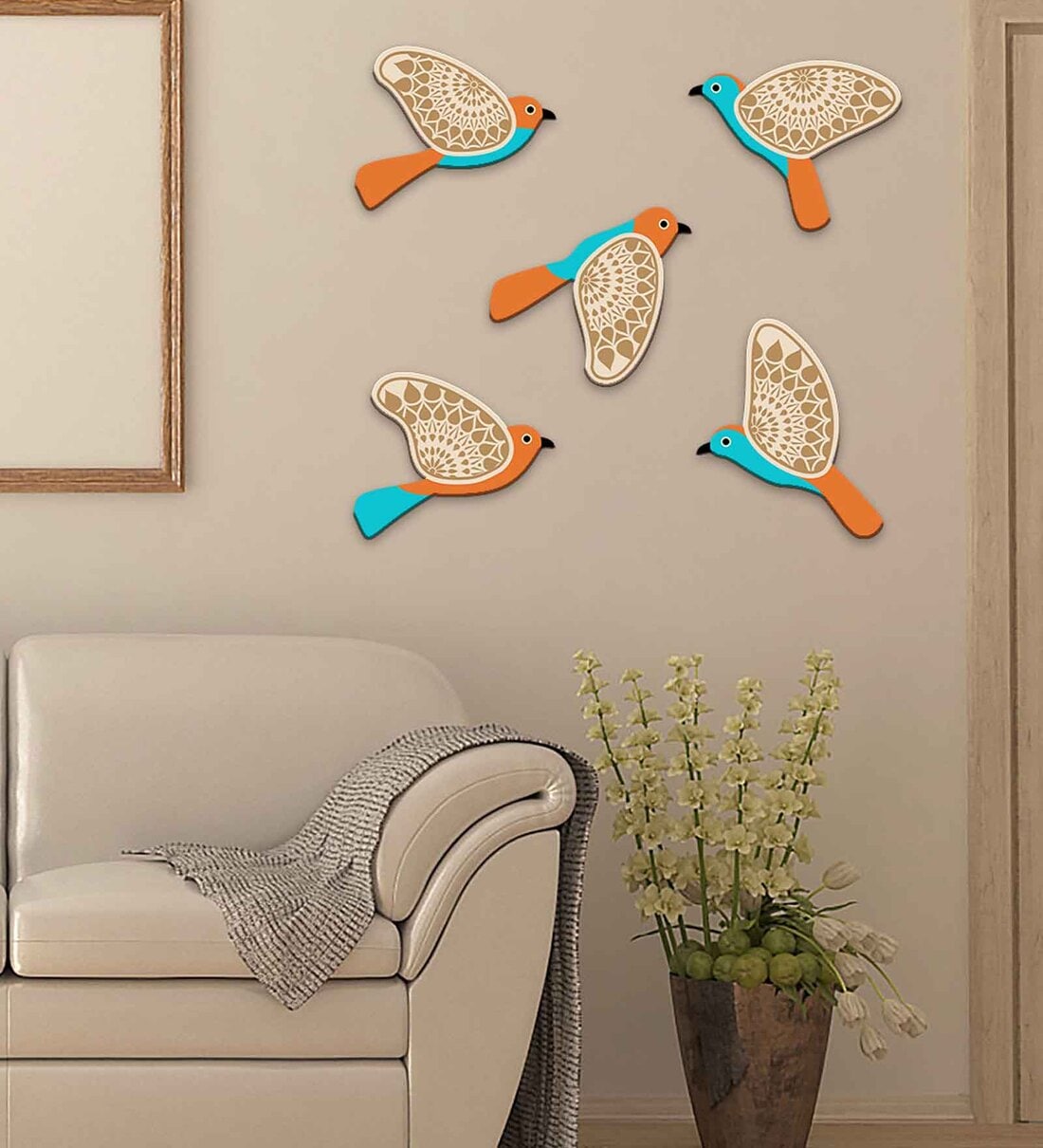 5 Pcs Orange & Blue Wooden Cute Bird PlaquesShare By Suveharts