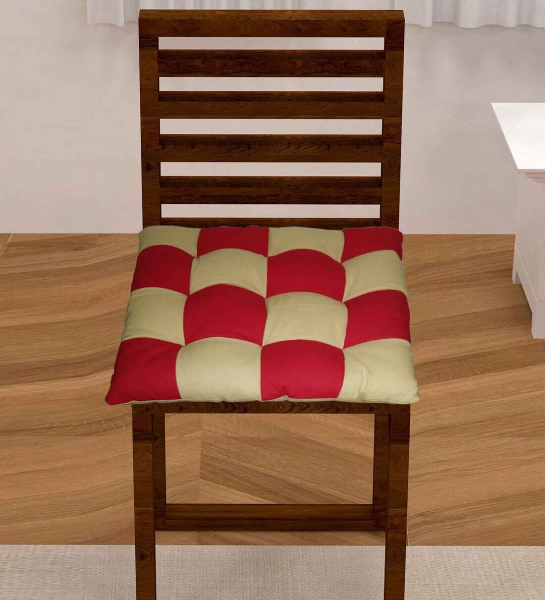 Beige and Red Cotton Checkered 16x16 inches Chairpad (1Pc)Share By Lushomes