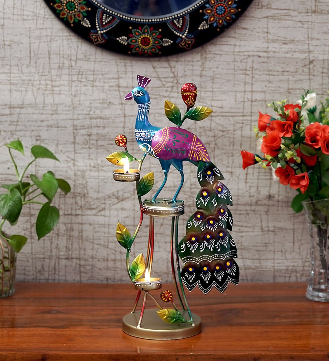 Metal Handpainted Decorative Peacock Tea Light Showpiece in MulticolorShare By Craft Tree