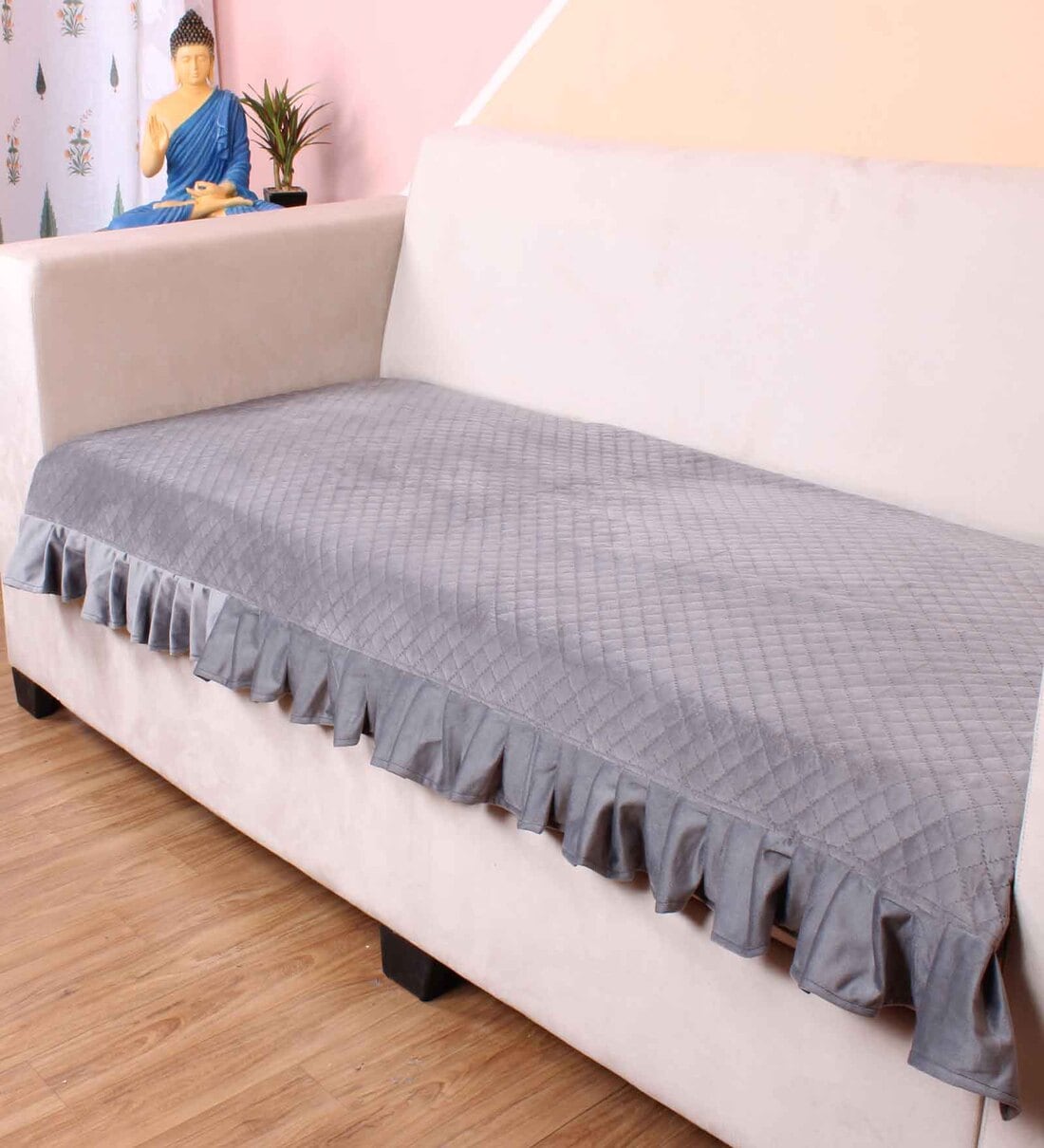 Grey Solid Velvet 3 Seater Quilted Sofa Cover (Protector) with FrillShare By Stitchnest
