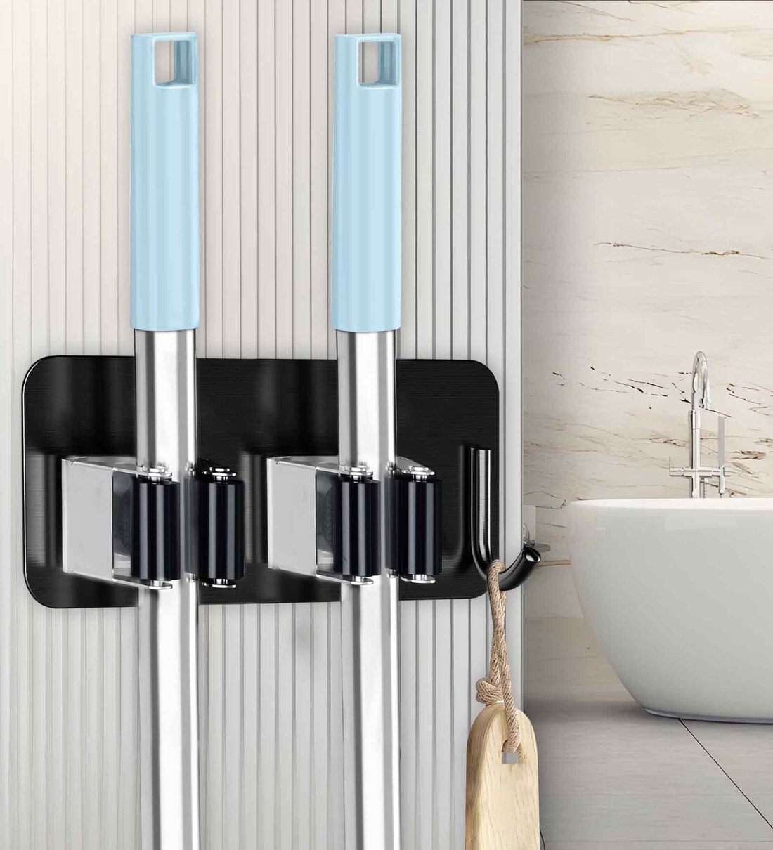 Stainless Steel 2 Holders with 1 Hook Adhesive Wall Mounted Broom and Mop Stick Holder (Black)Share By Sunvibe