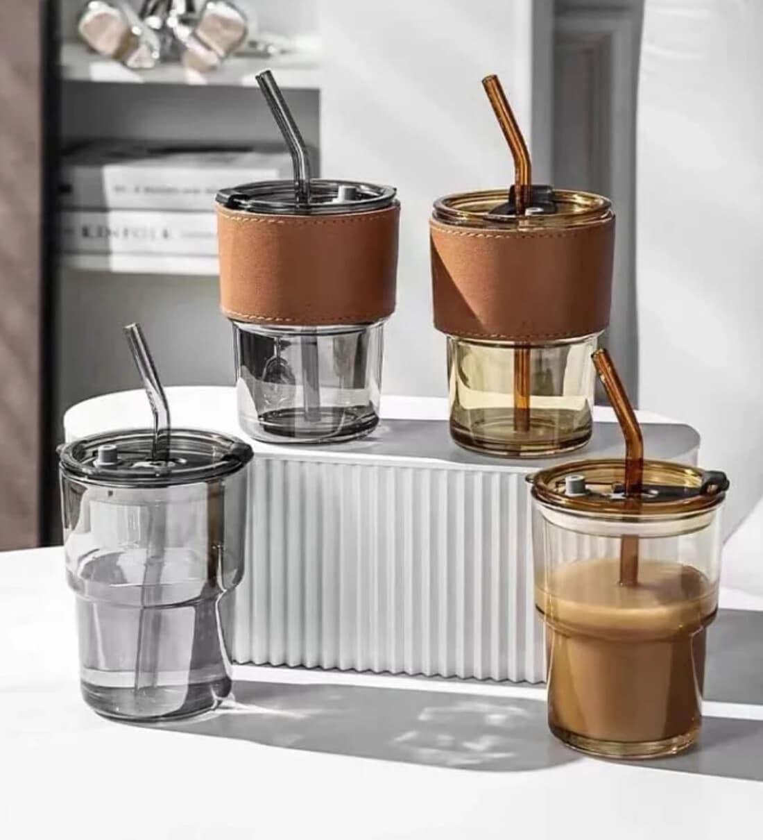 Assorted 400 ml Glass Coffee Tumbler With Straw & Anti-Slip Leather Sleeve 1 PcShare By 5 Needs