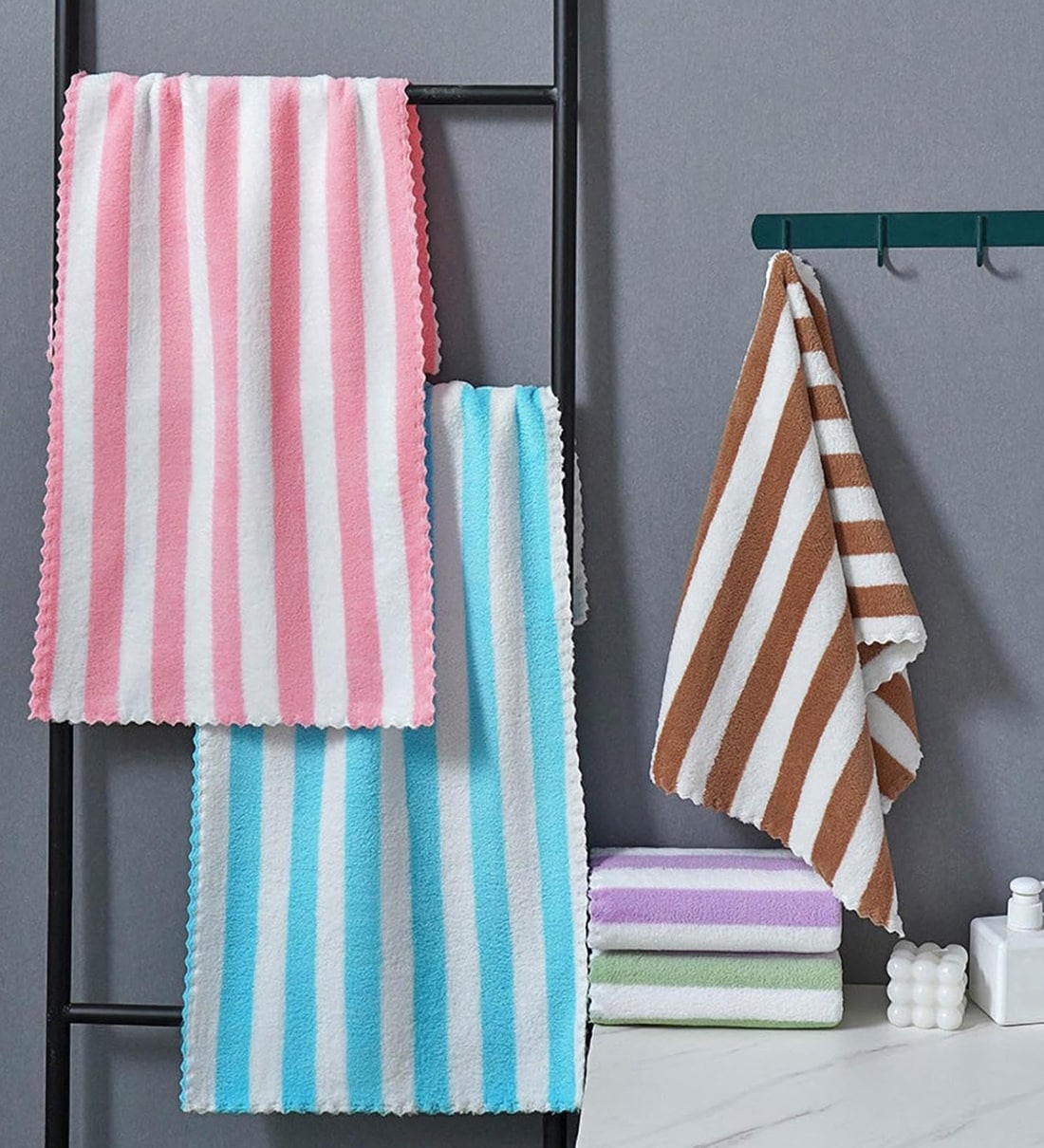(2Pcs) Assorted Striped Microfiber Super Absorbent Hand TowelsShare By Zahab