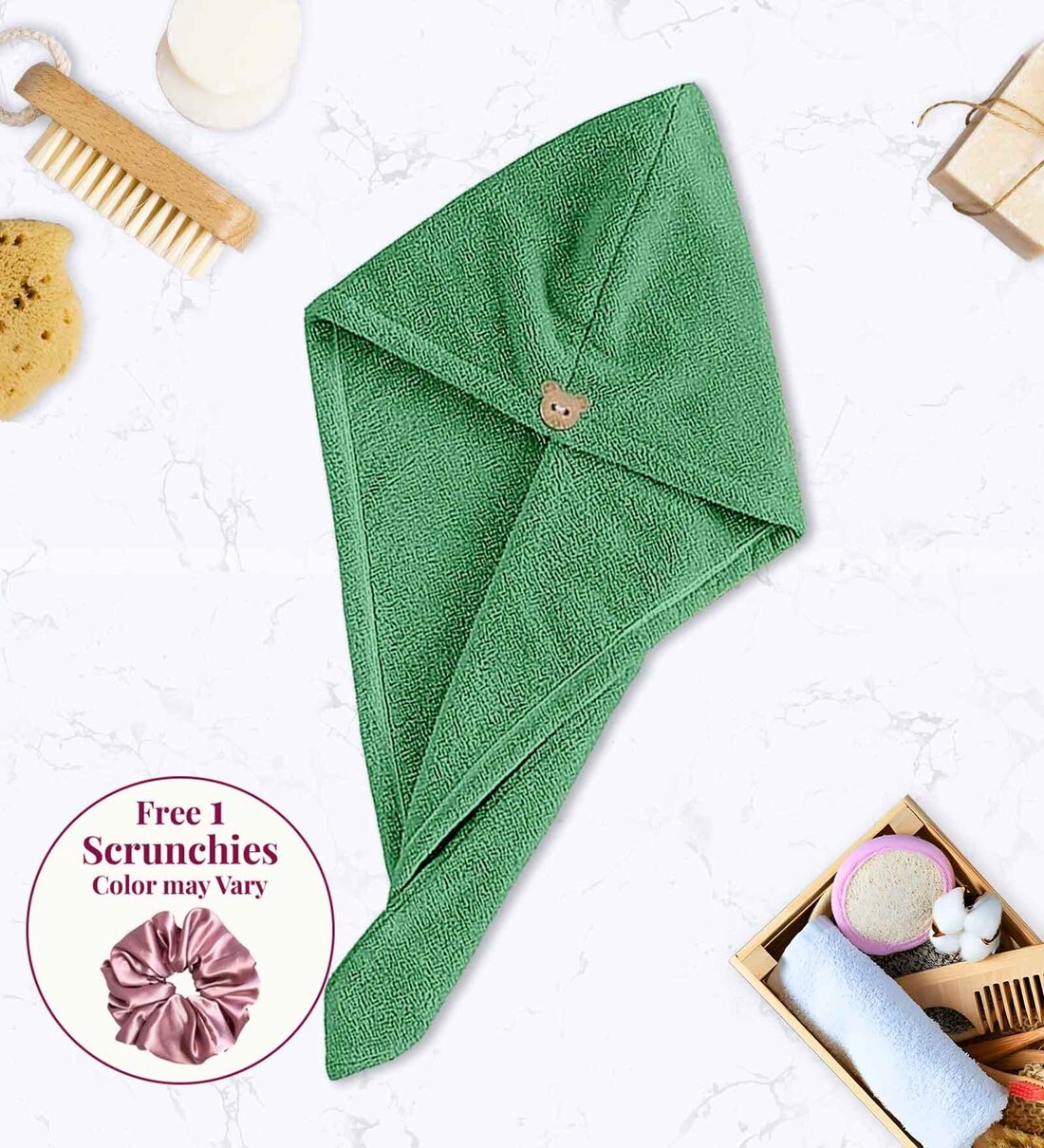 Green 500 GSM Quick Drying Microfiber Hair Wrap Towel for Womens with Elastic Loop- Free Scrunchie -1PcsShare By Sunvibe