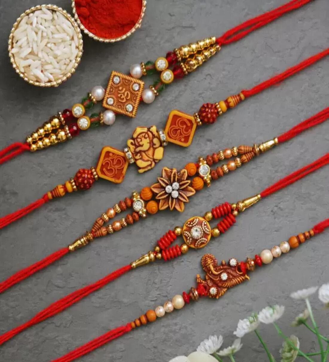 Assorted Rakhi Set of 5 Rakhi, With 1 Pack Roli ChawalShare By Fashion Bizz