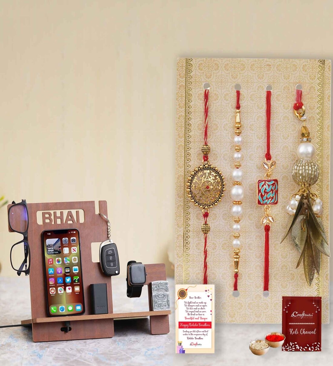 Set of 4 Rakhis & Desk Organiser Gift Set With Greeting CardShare By eCraftIndia