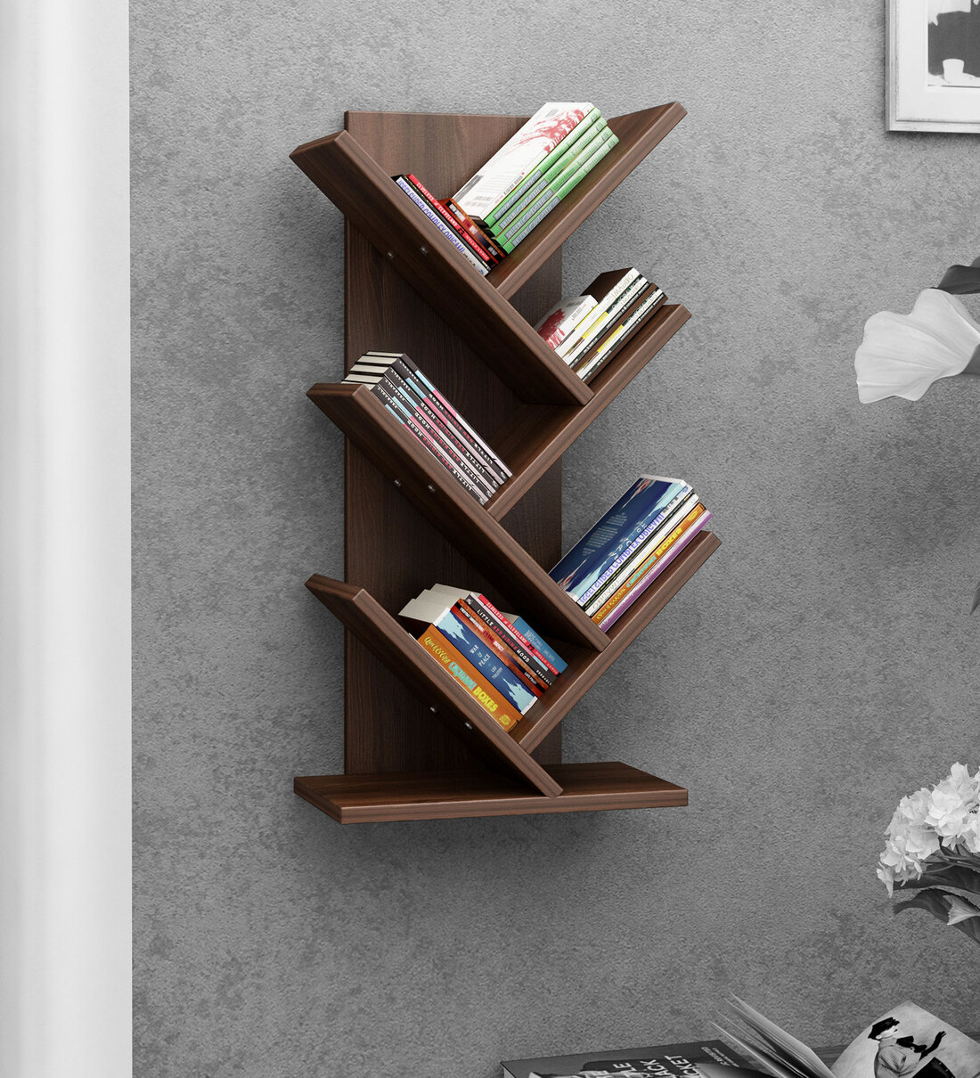 Captiver Wall Mount Book Shelf In Dark Acazia FinishShare By Crystal Furnitech