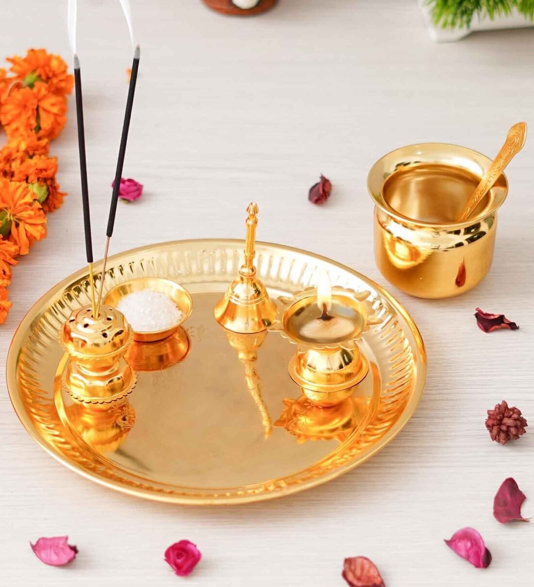Golden Pooja Thali Set with Diya, Ghanti, Kalash, Spoon, Agarbatti Stand, BowlShare By eCraftIndia