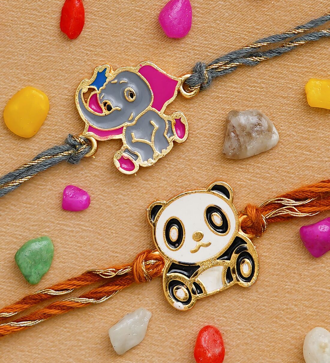 Multicolor Set of 2 Panda and Elephant Kids Rakhis with Roli Chawal PackShare By eCraftIndia
