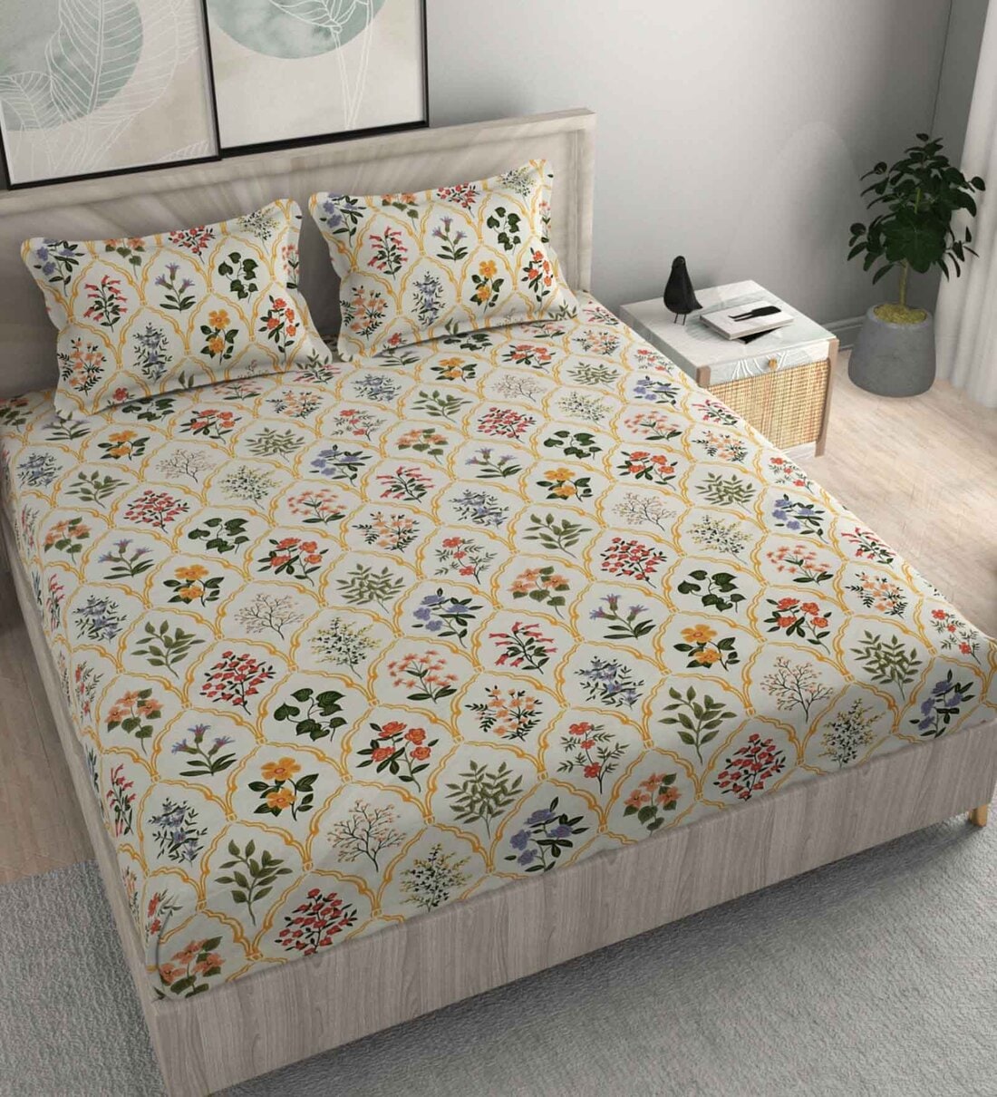 White Floral 220 TC Microfibre King Size Fitted Bedsheet With 2 Pillow CoversShare By Fine Tex World