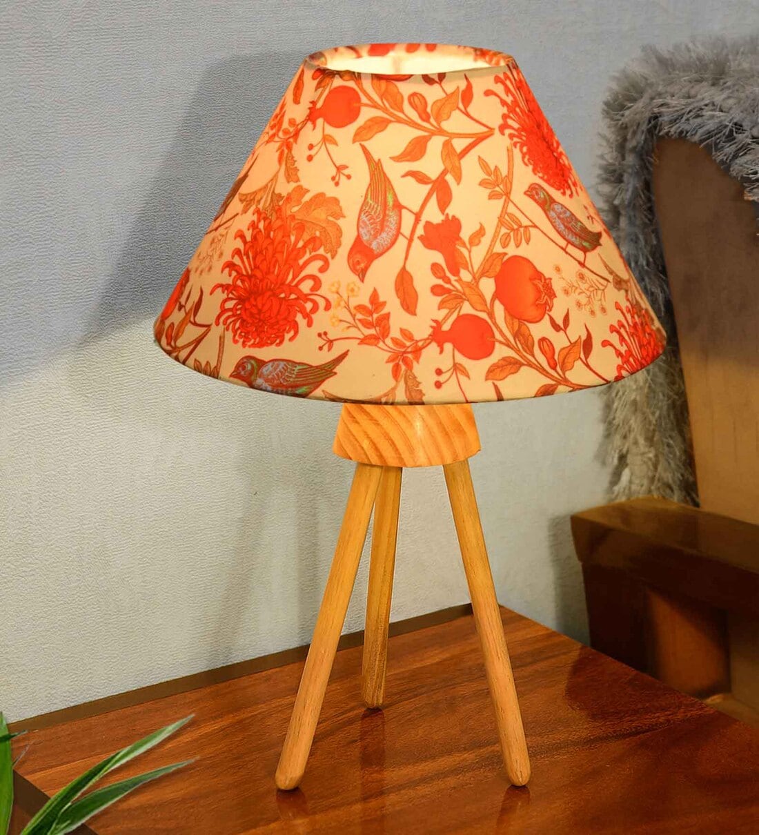 Wood Tripod Small Table Lamps with Linen Beige Lampshade, birdShare By Homesake