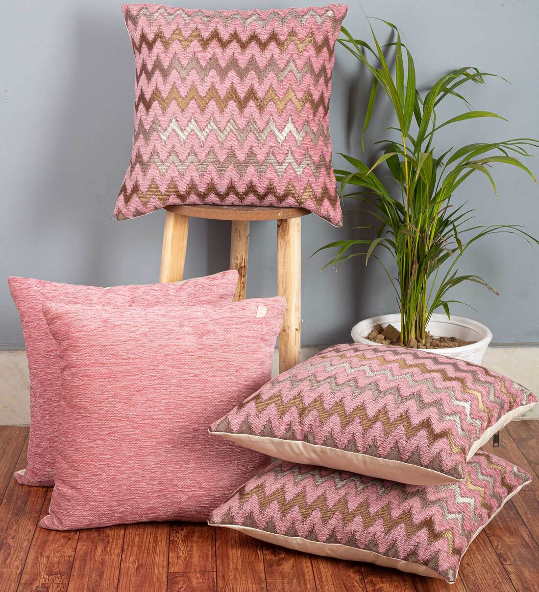 Pink Zig Zag Polyester 16 x 16 Inches Cushion Covers (Set of 5)Share By Cazimo