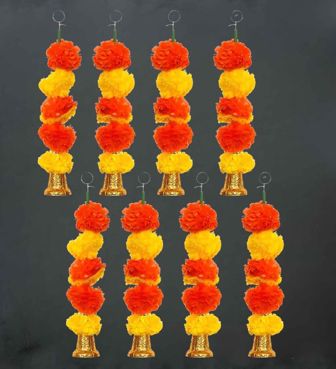 Orange & Yellow Plastic Artificial Marigold Flower Garland with Bells Wall Hanging (Set of 8)Share By eCraftIndia