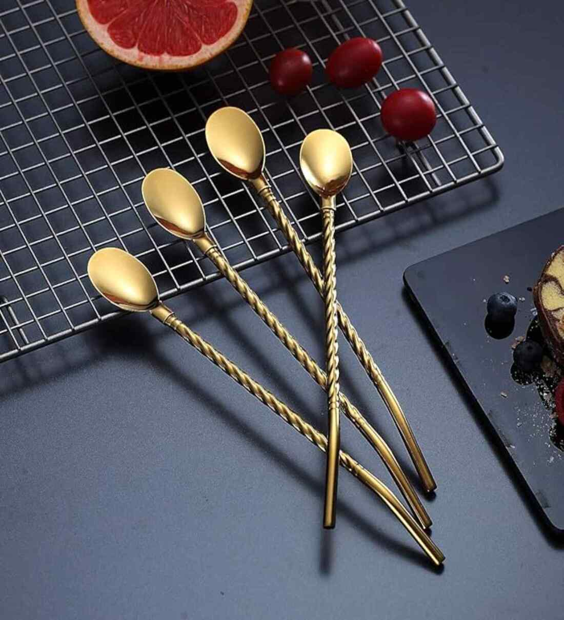 6 Pcs Stainless Steel 2-in-1 Straw Cum Spoons with Cleaning Brush (Golden)Share By 5 Needs