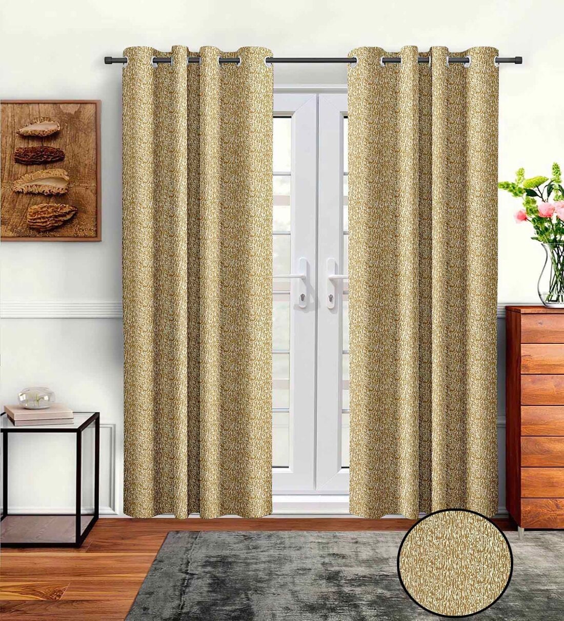 Beige Polyster Abstract 7ft Light Filtering Eyelet 2 Pc Door curtainsShare By Cortina