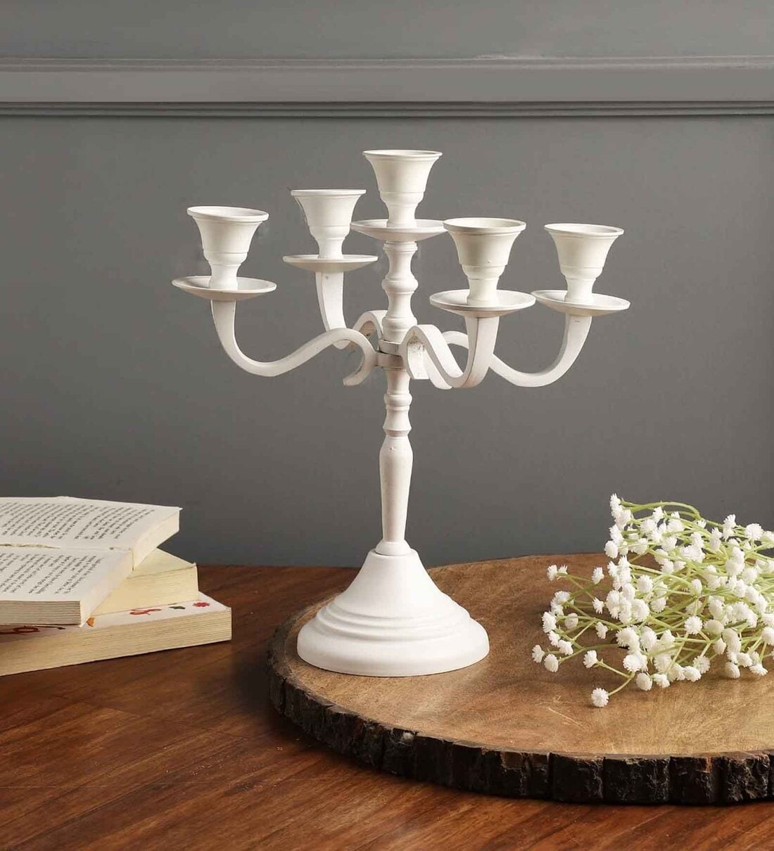 Five Arm Candelabra White Aluminium Candle HolderShare By VoiDrop