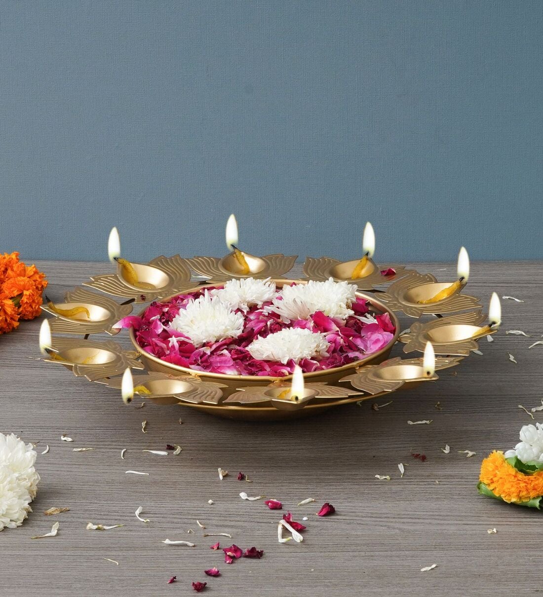Designer Handcrafter Gold Metal Urli With Lotus Shape DiyasShare By eCraftIndia