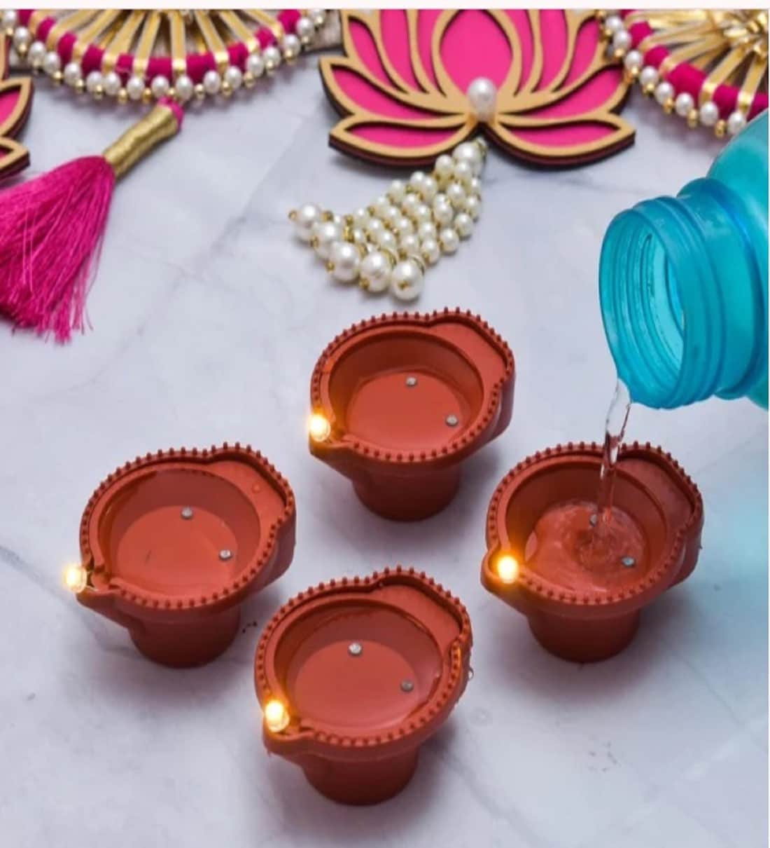 (Pack of 4) Water Sensor Diya Smokeless Sensor Festive LED Light (Warm White)Share By 5 Needs