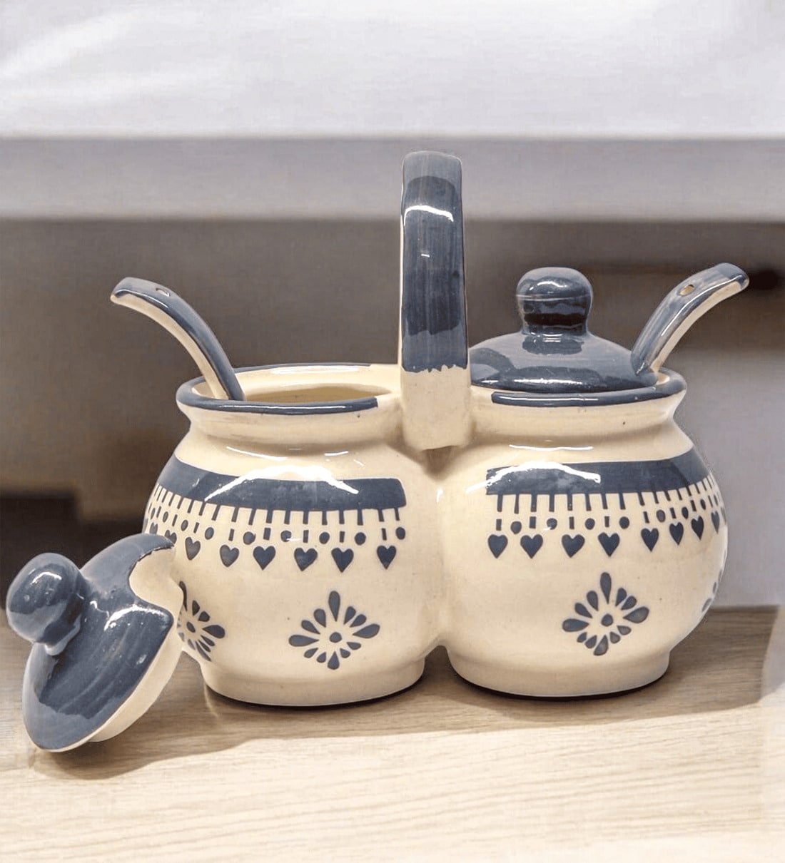 (Set of 2) 200 ml Traditional Ceramic Spice Jar Condiment Set with Lids, Handles & Spoons (Grey)Share By VoiDrop